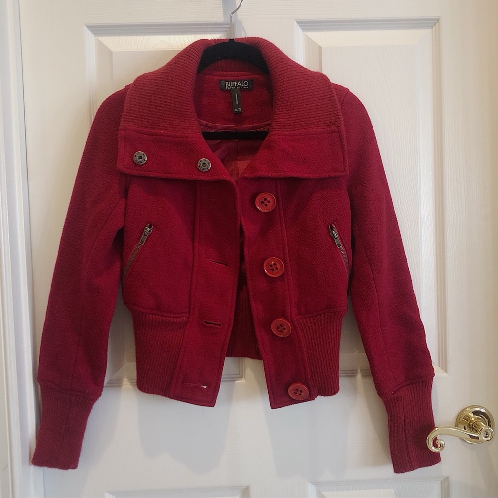 Red wool jacket w/ sweater cuffs, waist & collar